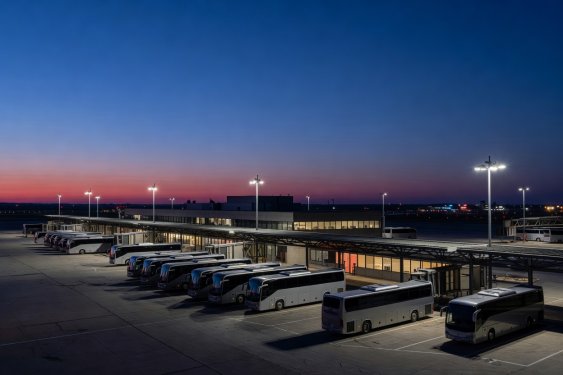Airport bus depot terminal illuminated under deep twilight sky with waiting coaches