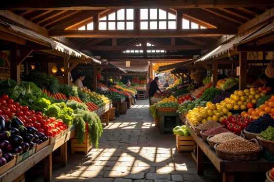 Local European covered food hall with structured sunlight illuminating fresh produce stalls