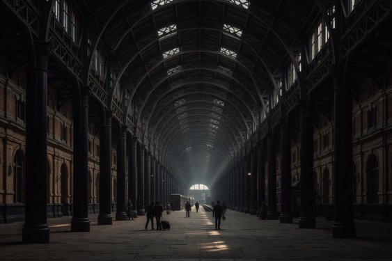 Atmospheric train station concourse with deep shadow columns and arched steel roof