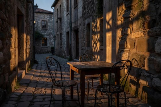 Quiet side-street cafe table in warm evening light with cast shadows against stone walls