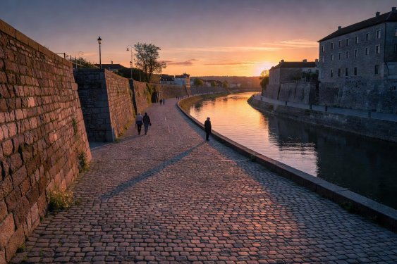 Calm European riverbank lined with stone retaining walls at sunset with long cast shadows